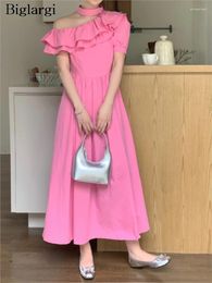 Party Dresses Summer Long Dress Women Irregular Ruffle Diagonal Collar Modis Sweet Ladies Puff Short Sleeve Loose Pleated Woman