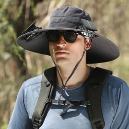 Berets Solar Fan Fisherman Hat Summer Outdoor Big Brim Sun Cap For Men And Women Powered Rechargeable Large Wind Mute