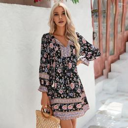 Casual Dresses Bohemian Style Dress Vintage-inspired Printed Floral Print Drawstring Tassel For Women V Vacation