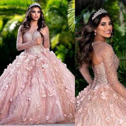 2023 Ball Gown Quinceanera Dresses Bridal Gowns Blush Pink Sparkly Sequined Crystal Beads Illusion Corset Back Long Sleeves Sweet 16 Dr 253d