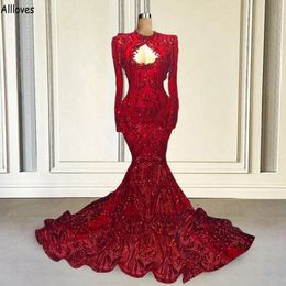 Gorgeous Red Sequined Lace Mermaid Evening Dresses With Long Sleeves Sexy Hollow Neck Dubai Arabic Turkey Prom Party Gowns Trumpet Plus 232R