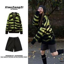 Women's Tracksuits Sweet Girl Suit Spring And Autumn Mohair Loose Green Striped Sweater Straight Knitted Short Pants Two-piece Set