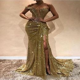 Modest Gold Sequins One Shoulder Prom Dresses Mermaid Pleats Ruched Sexy Side Slit Plunging Custom Made Long Evening Party Gowns 231q