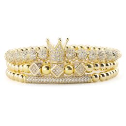 3pcs Set luxuriöse Goldperlen Royal King Crown Würfel Charm CZ Ball Armband Herren Mode Armbänder für Männer Schmuck 269h