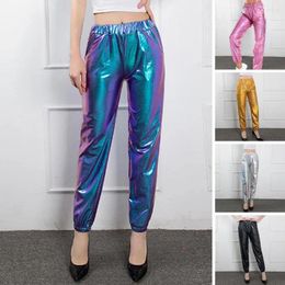 Women's Pants Women Hip-Hop Metallic High Waist Glossy Elastic Slim Fit Clubwear Stage Performance Bottoms Harem Trousers