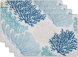 Table Mats Ocean Coral Placemats Set Of 4 Summer Blue White Reef Linen Mat Nautical Sea Marine Seaweed Heat-Resistant