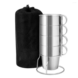 Cups Saucers 4 Pcs Stainless Steel Coffee Mugs Double-Layer With Stand And Mesh Bag