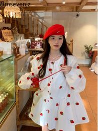 Casual Dresses Embroidered 3D Strawberry Doll Neck Long Sleeve Sweet Shirt Dress For Women Spring 2024 Loose And A-line Short