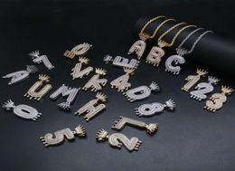 hip hop 26 letters 0 to 9 number pendant necklaces for men women luxury diamonds crown A to Z letter pendants 18k gold plated numb7249364