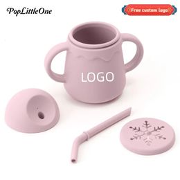 Personalised Name Baby Silicone Double Lids Feeding Cup With Handle Sippy Toddlers Learning Drinkware Soft Snack Cup Tableware 240423