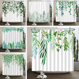 Shower Curtains Green Plants Leaves Curtain Watercolour Plant Floral Pattern Waterproof Polyester Bathroom Decoration With Hooks