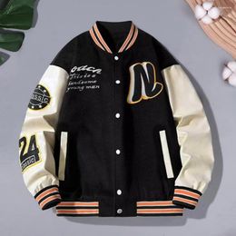 Men's Jackets Men Baseball Jacket Striped Letter Pattern Cardigan Coat With Stand Collar Pockets Loose Fit Long Sleeve For Winter