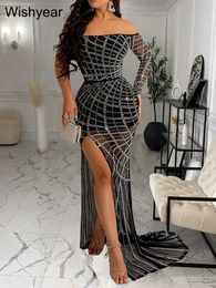 Urban Sexy Dresses year Elegant Off The Shoulder Formal Mesh Shr Backless Split Dresses Women Birthday Party Crystal Evening Christmas Robe T240510