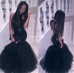 Sparkly Black Girls Mermaid African Prom Dresses 2020 Halter Neck Sequins Tulle Sexy Corset Formal Dress Cheap Party Pageant Gowns2556501