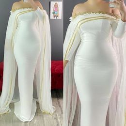 Aso Ebi Mermaid Pregnant Evening Dresses Off Shoulder Long Sleeve Gold Appliques Formal Prom Dress With Cape moroccan kaftan 261O