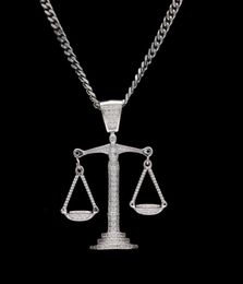 WholeIced Out Zircon Balance Libra Scale Pendant Bling Charm White Gold Copper Material Mens Hip hop Pendant Necklace Chain9597243
