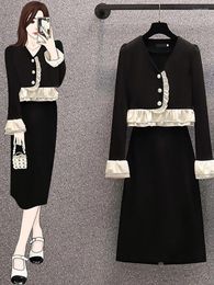 Work Dresses 2024 Temperament Two Piece Set Women Ruffled V-Neck Coat Crop Top Long Skirt Suits Fashion Casual 2 Sets 4XL 100KG