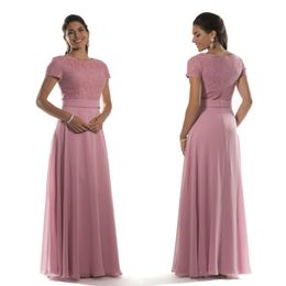 Dusty Pink Long Modest Bridesmaid Dresses With Short Sleeves Jewel Lace Bodice Chiffon Formal Evening Maids Of Honor Dresses Custom Mad 298c