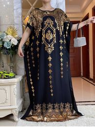 Ethnic Clothing 2024 Muslim Summer Short Slve Cotton Robe Gold Stamping Boubou Maxi Women Femme Loose Dress With Big Scarf African Abaya T240510