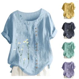 Women's Blouses Vintage Short Sleeve T-Shirts Buttons Up Loose Fit Cotton Linen Tops Female Solid Color O-Neck Floral Print Blouse