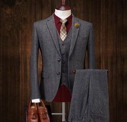 Mens Two Button Wool Tweed Suit Jacket Vest Pant 3 PCS Dark Grey Custom Made Formal Suits Wedding Tuxedos Business Men2573025