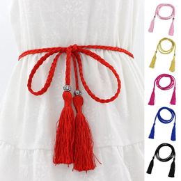 Belts Simple Braided Tassels Belt Thin Knot Waistband Boho Cotton Line Waist Rope Double Head Woven Fringes Casual Vintage