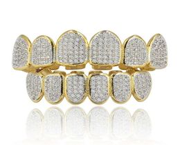 Gold Silver Plated Hip Hop Vampire Teeth Grillz Top and Bottom Iced Out Micro Pave CZ Stone Bling Body Jewelry4067104