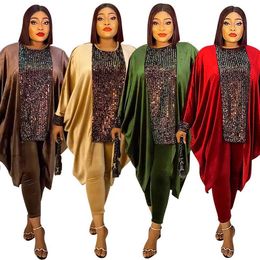 Ethnic Clothing Plus Size African Clothes for Women Ankara Dashiki 2 PCS Set Sequin Outfits 2023 Autumn Fashion Velvet Tops Pants Trousers Suits T240510