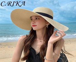 Summer Foldable Big Brim Straw Hat Women Wide Brim Beach Hat Lady Simple Travel Sun Hat Sunscreen UV50 Panama Sun Cap 2205136409812