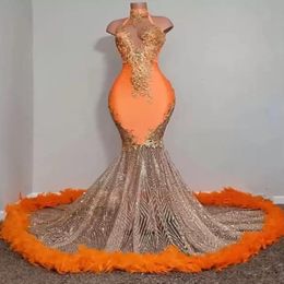 Black Girls Orange Mermaid Prom Dresses 2023 Satin Beading Sequined High Neck Feathers Luxury Skirt Evening Party Formal Gowns BC14825 273x