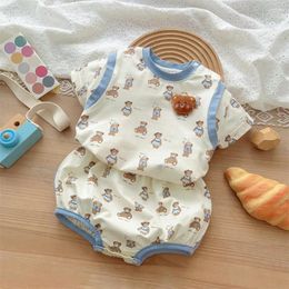 Clothing Sets Korean Summer Infant Baby Boys 2PCS Clothes Set Muslin Cartoon Bear Printed T-shirts Pp Shorts Suit Toddler Outfits