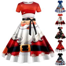 Casual Dresses Christmas Print For Women Short Sleeve 1950s Evening Party Prom Dress Knee Length Tight Waist Bowknot Robe Femme