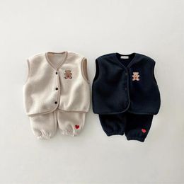 Clothing Sets Autumn Winter Children Cartoon Bear Fleece Vest Set Girl Boy Infant Cardigan Sleeveless Tops Love Pants 2pcs Kid Waistcoat