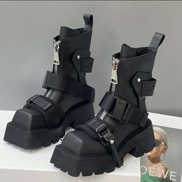 Genuine Leather Women 2024 Tube Platform Belt Buckle Design Cool Biker Botas Square Thick Bottom Head Ankle Boots