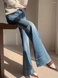 Women's Jeans High Waisted Wide-leg Flare Vintage Style Cool Girl Retro Washing Blue Bell-bottom Pant Female Thin Denim Trousers