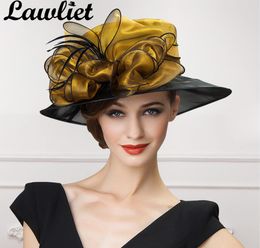 Lawliet luxury Women Fascinators Organza Bow Sun Hats Gold Grey Wide Brim Lady Kentucky Derby Race Wedding Hats Bride Mom039s H5945551