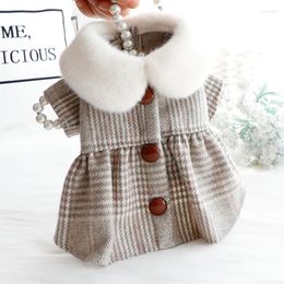 Dog Apparel Elegant Chequer Cotton Overcoat Dresses Outfit With Sleeve Cat Collar Harness Carrier Pet Clothing Cloth Puppy Accessories