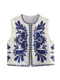 Women's Vests 2024 Women Vintage Floral Embroidery Short Vest Jacket Ladies National Style For Casual Chic WaistCoat Tops