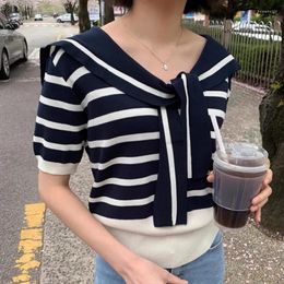 Women's T Shirts Gagarich Fashion Korean Chic Summer Retro Style Navy Collar Tie Loose Versatile Contrasting Short Sleeved Striped Knit