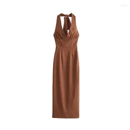 Casual Dresses Cut Out Dress Women Linen Blend Midi Vacation Style Sleeveless 2024 Ladies Evening Party