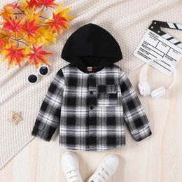 Jackets Autumn And Winter Boys Fashion Casual Black White Plaid Composite Long Velvet Fabric Sleeved Hooded Jacket