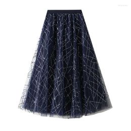 Skirts Fashionable Bright Silk Long Tulle Skirt For Women Korean Elegant A Line High Waist Midi Mesh Female Blue Red P581