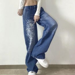 Women's Jeans Fashion Pants Women Folds Love Print Washed Denim Cargo Pant Womens Casual Loose Trousers Low-waist Straight Leg Jean
