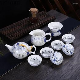 Teaware Sets Exquisite Peony Automatic Tea Set Blue And White Ceramic Porcelain Hollow Honeycomb Teapot Teacup Gaiwan Suit