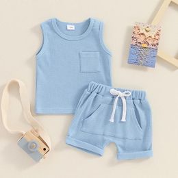 Clothing Sets 0-36months Baby Boys Shorts Set Sleeveless Tank Top With Elastic Waist Solid Blue Beige Infant Summer Outfit