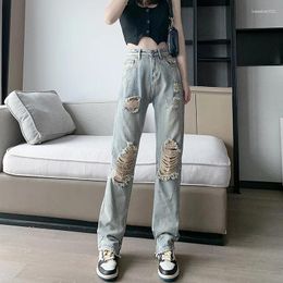 Women's Jeans High Waist Ripped Straight For Women Hiphop Loose Blue Full Length Denim Pants Holes Trousers Female 0560