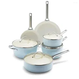 Cookware Sets Anodized Ceramic Nonstick Set 10pc Light Blue Dishwasher Safe PFAS-Free Diamond-Reinforced Coating Oven 600°F