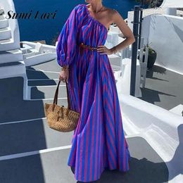 Casual Dresses Summer Sexy One Shoulder Tie-up Long Dress 2024 Women Elegant Sashes Waist Party Fashion Striped Print Draped Maxi