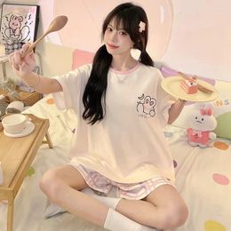 Home Clothing Summer Women Pyjamas Sets Girl Sleepwear Cartoon Print Cotton Pyjamas Korean Lovers Homewear Soft Pijama Clothes