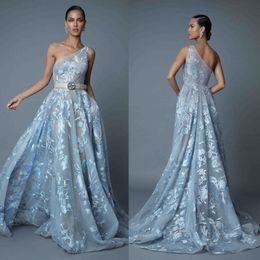 Berta 2019 One Shoulder Prom Dresses Light Blue Lace Appliqued A Line Formal Evening Gowns Sweep Train Design Pageant Red Carpet Dress 330A